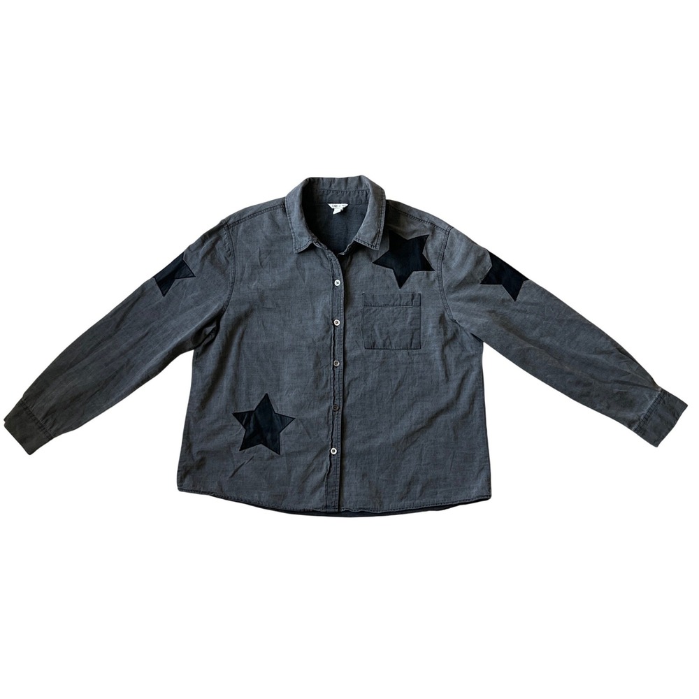 Gray Cotton Star Patch Long Sleeve‎ Button Down Shirt Women Large RN37080